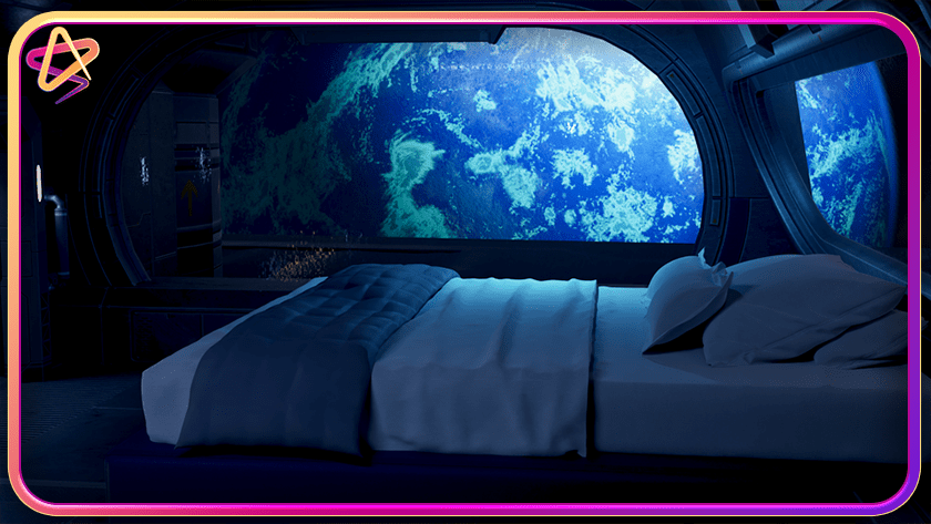Sleeping quarters on a spaceship with a blue planet in the background