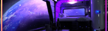 Purple sleeping quarters on a spaceship with planet in background