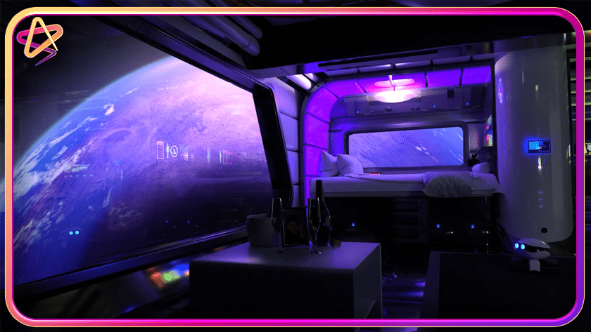 Purple sleeping quarters on a spaceship with planet in background