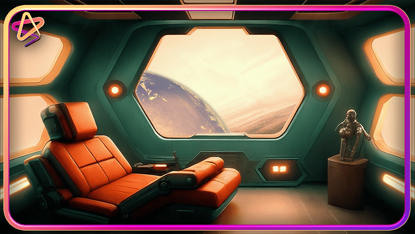 Space lounge overlooking a planet