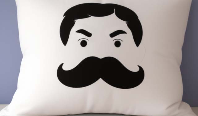 old timey villian face printed on a white pillow