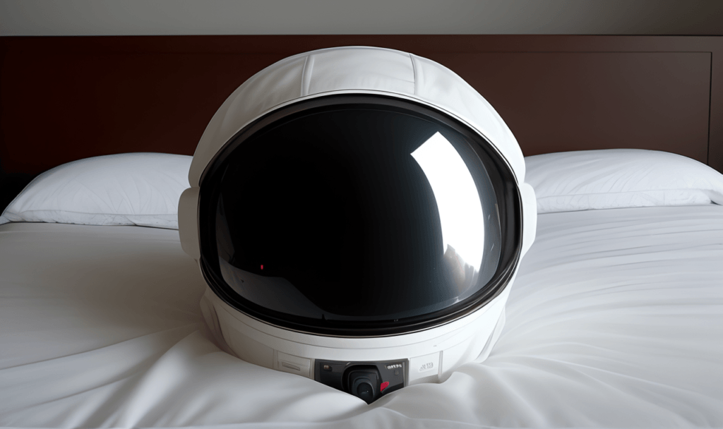 An astronaut helmet laying on a clean white bed surrounded by pillows