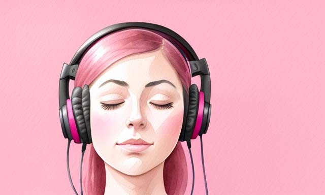 Girl with pink hair wearing headphones on pink background