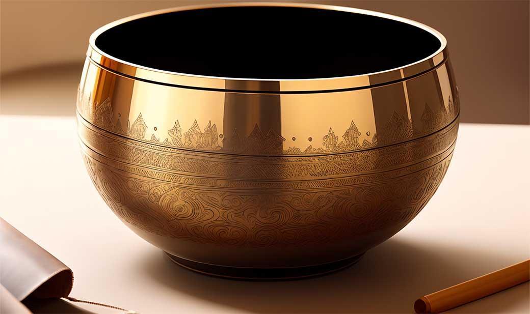 Hand etched bronze singing bowl next to a mallet
