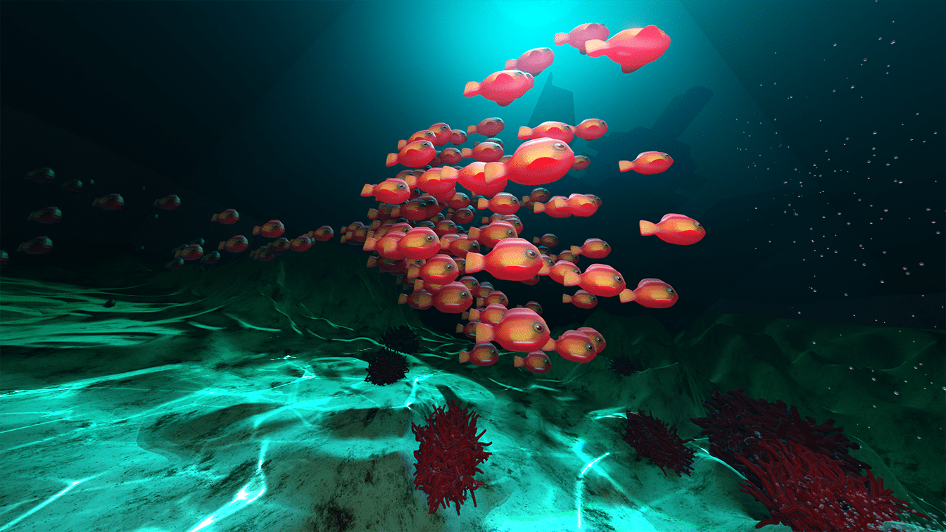 A school of red fish swimming deep in the ocean
