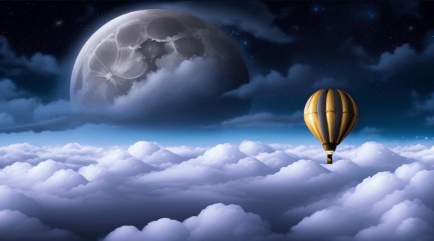A hot air balloon floating above the clouds with a large moon