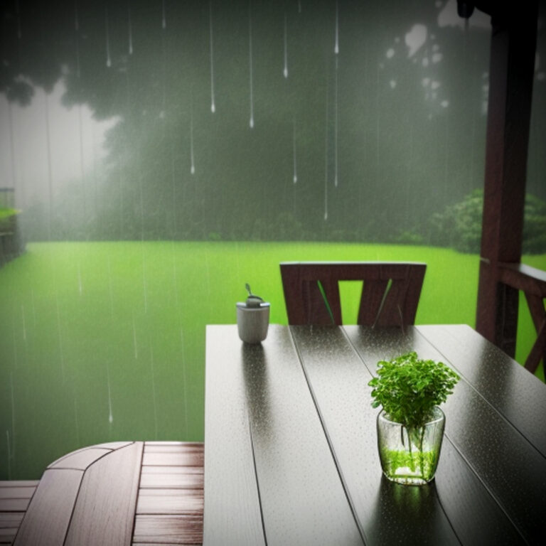 A Rainy Day On A Patio – 10 Hour Light Rainfall Nature Ambience