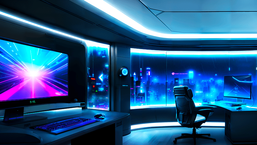 Inside office in a cyberpunk city