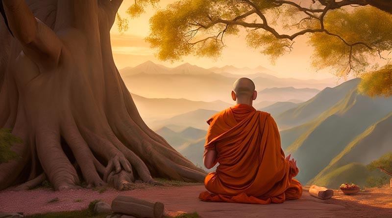 Monk meditating on mountain listening to a white noise channel on YouTube